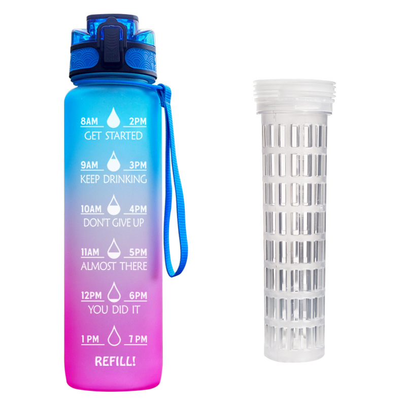 Cross-mirror plastic water cup with straw, Amazon e-commerce gradient color water bottle, 3D outdoor matte 1L sports water bottle Specification drawing