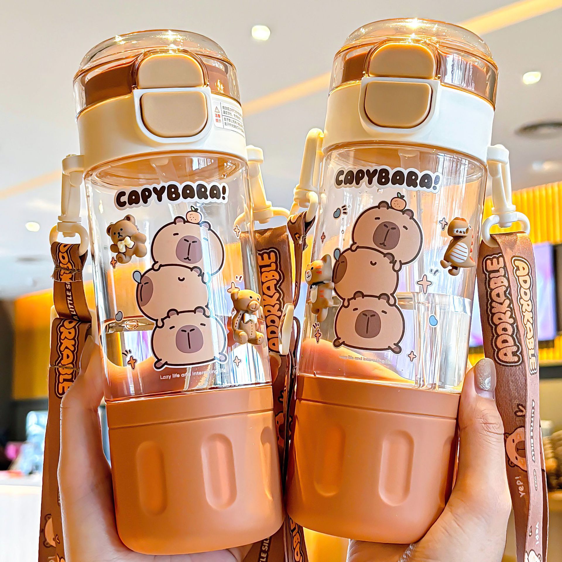 Capibala double-drinking plastic cup, convenient pop-up lid water cup, cartoon children's creative straw cup, girls' portable cup details Picture