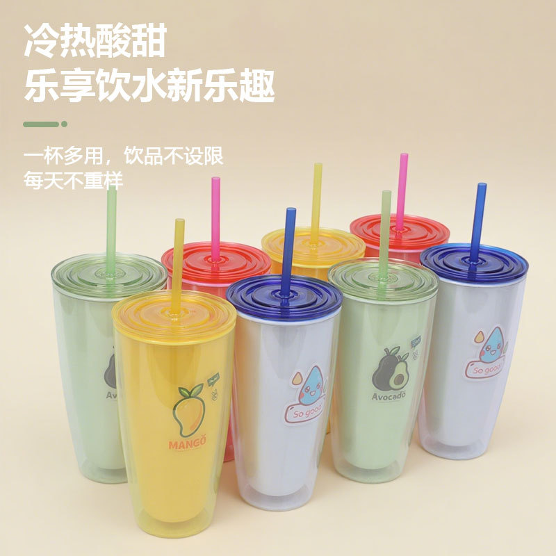 Factory direct sales of hot-selling straw cups, portable large-mouth easy-to-clean drinking cups, cartoon fruit pattern double-layer cups Specification drawing