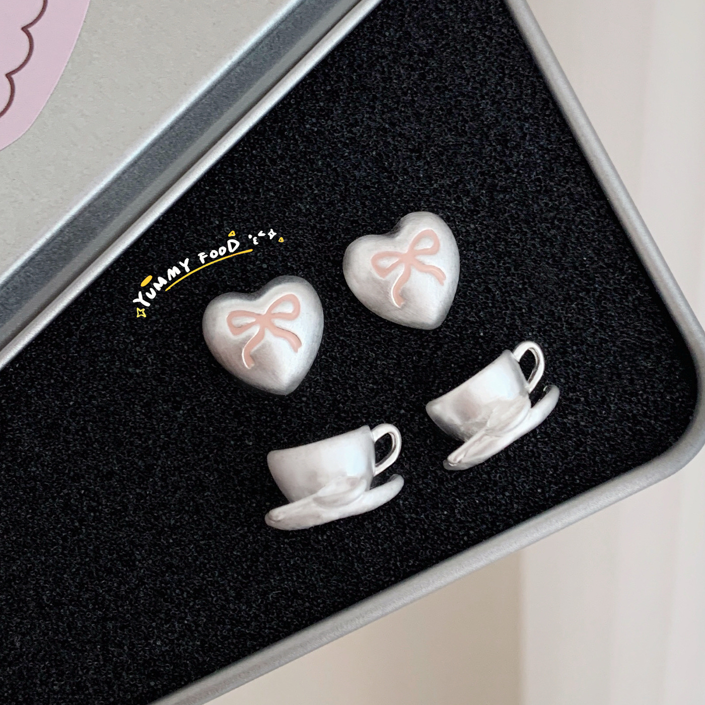 Summer Asian Silver Fun Coffee Cup stud earrings, women's silver needle oil drip pink bow heart exquisite and versatile earrings details Picture