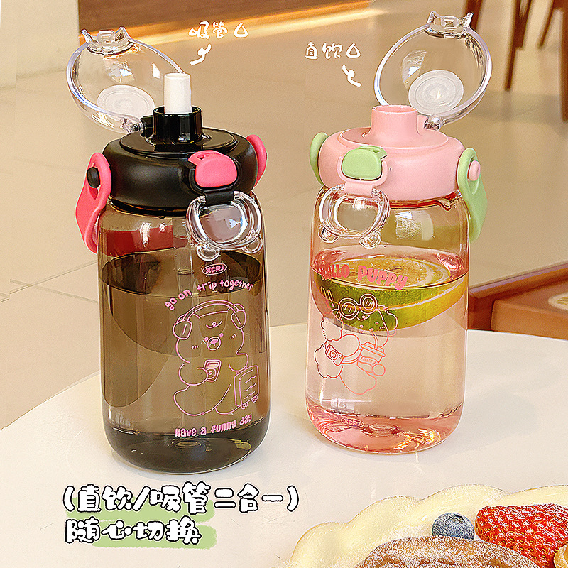 Cute girl plastic cup, cute cartoon student portable water bottle, outdoor anti-drop, high appearance level, double-drinking straw water cup Specification drawing