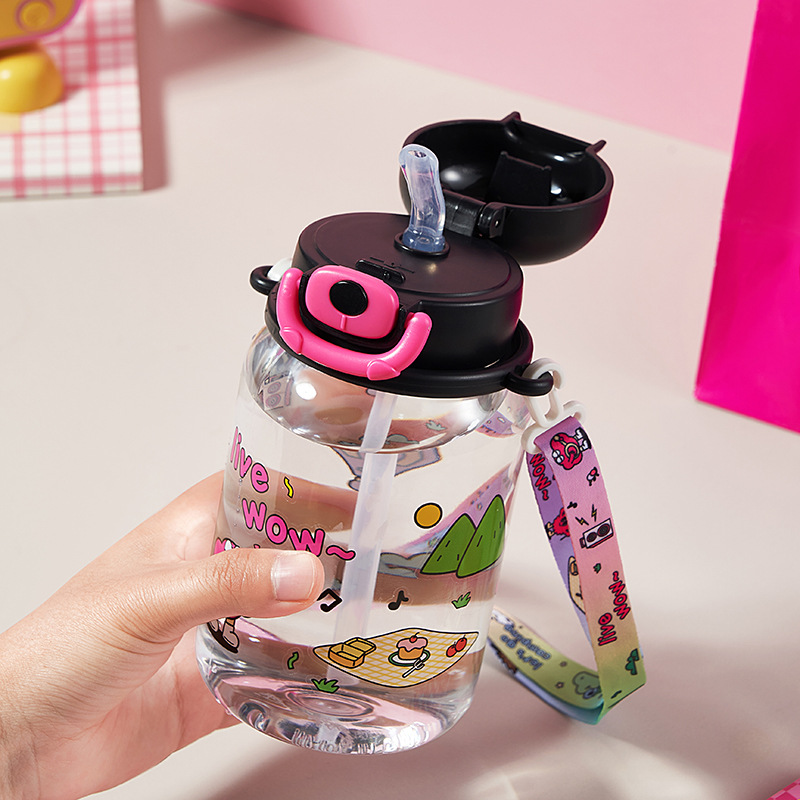 Fuxing Cartoon Children's water Cup, Cute student Straw Cup, portable plastic Cup for men and women in summer, anti-drop and portable cup Specification drawing