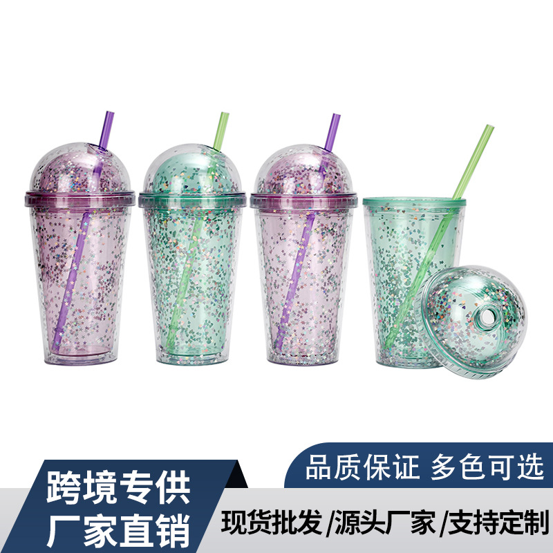 Factory direct sales, processing and customization of 16oz double-layer plastic straw cups with round LIDS, creative portability with logos, and casual cups Specification drawing
