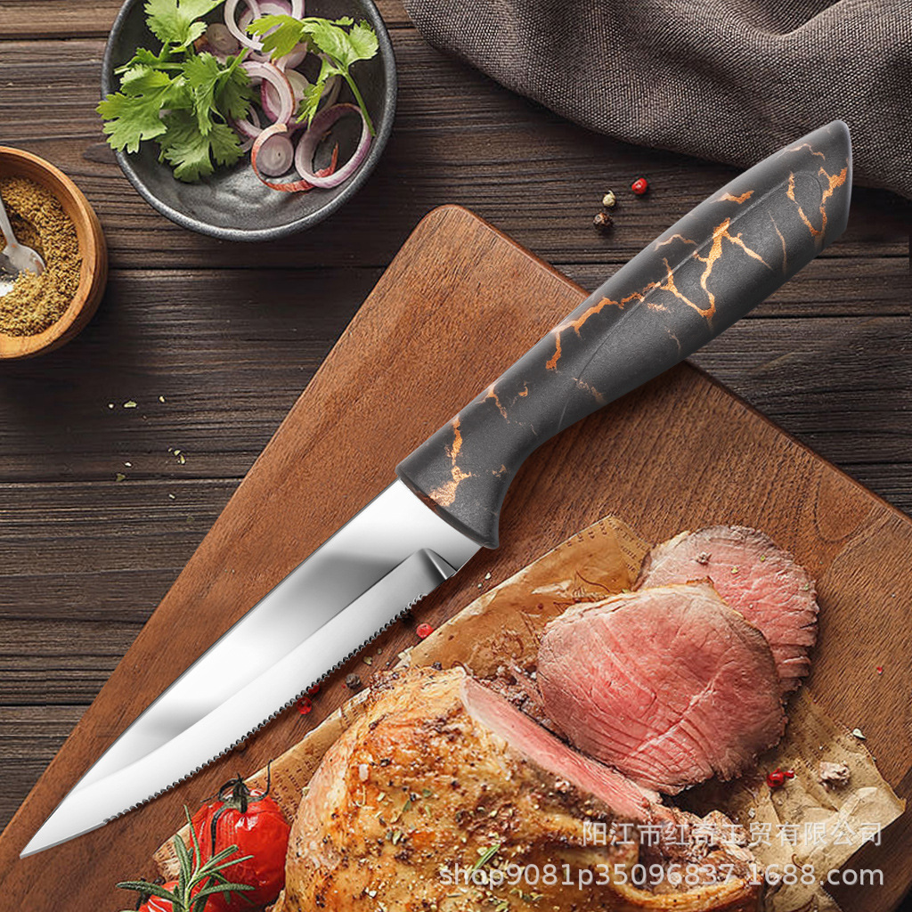 6-piece kitchen knife set: Stainless steel marble-patterned steak knife, Western dining knife, Western tableware serrated knife Specification drawing