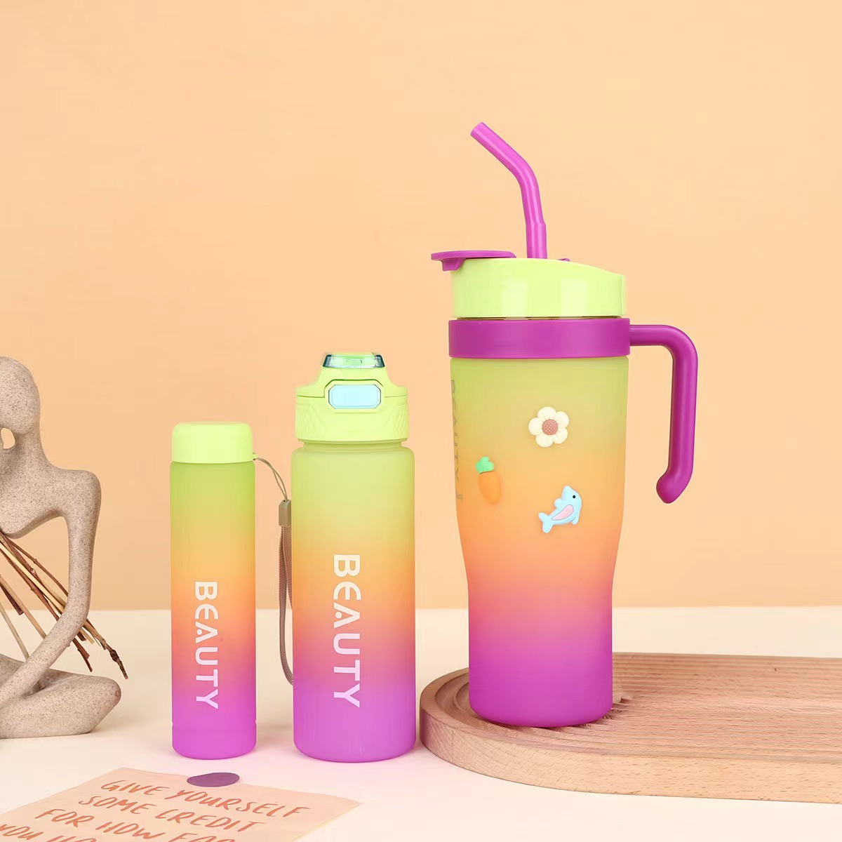 Cross-border gradient ice cube cup three-piece set, high appearance level, 40oz plastic cup, large capacity, portable, hand-held straw water cup Specification drawing