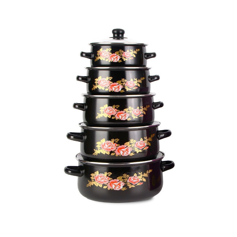 Enamel five-piece pot set, enamel soup pot, stew pot, boiling pot, glass lid, 16/18/20/22/24cm, exported to Europe and America full figure