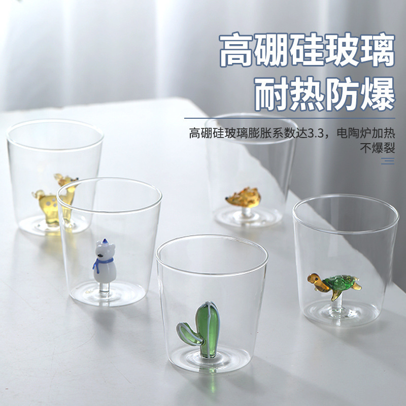 A popular high-borosilicate heat-resistant transparent glass cup with free shipping and a creative cartoon animal glass cup Specification drawing