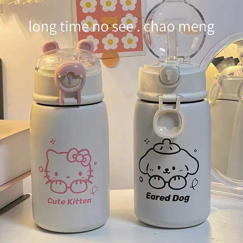 High appearance level cartoon little stupid bear insulated cup, portable hand-held water cup for children and students, straw cup, 304 stainless steel details Picture