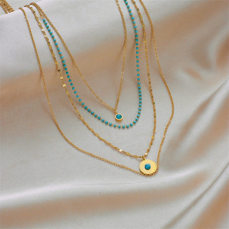 European and American cross-border niche design creative and personalized multi-layer irregular titanium steel round plate turquoise pendant chain necklace details Picture
