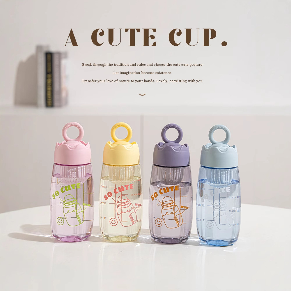 Creative and simple student plastic cups, outdoor portable sports water cups with tea strainers, high-temperature resistant space cups Specification drawing