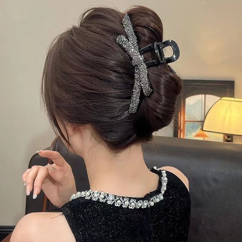 Black Star River Bow clip Women's 2024 new high-end full diamond hair clip large updo headwear at the back of the head details Picture