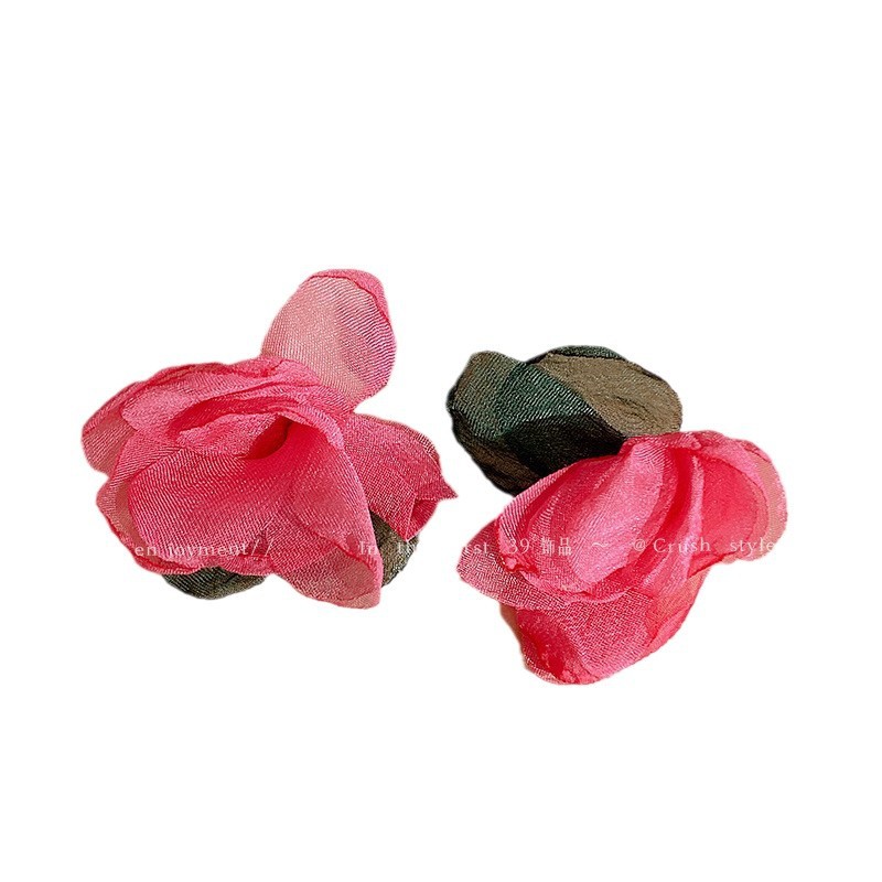 Pink tulle flower earrings for women, 2025 new long tassel style, elegant stud earrings, internet-famous high-end earrings, summer Item Picture