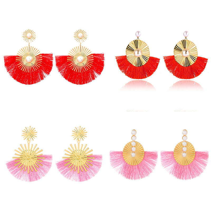 New cross-border fan-shaped tassel earrings, retro and fashionable ethnic style, pearl exaggerated earrings, Bohemian earrings Item Picture