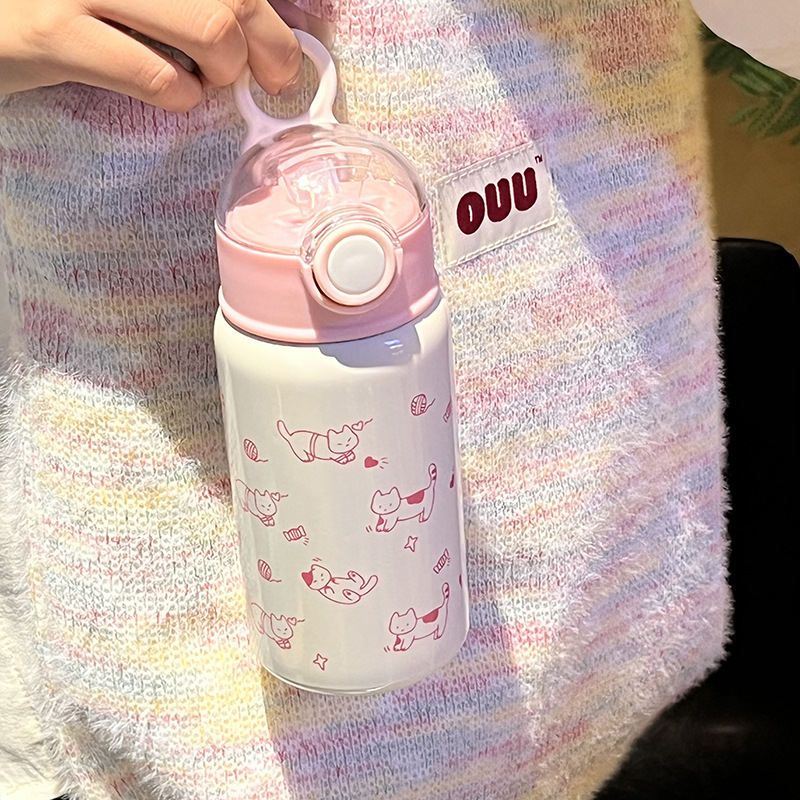 Ins-style warm color cute student stainless steel insulated cup 316 portable coffee cat insulated cup straw water bottle Specification drawing