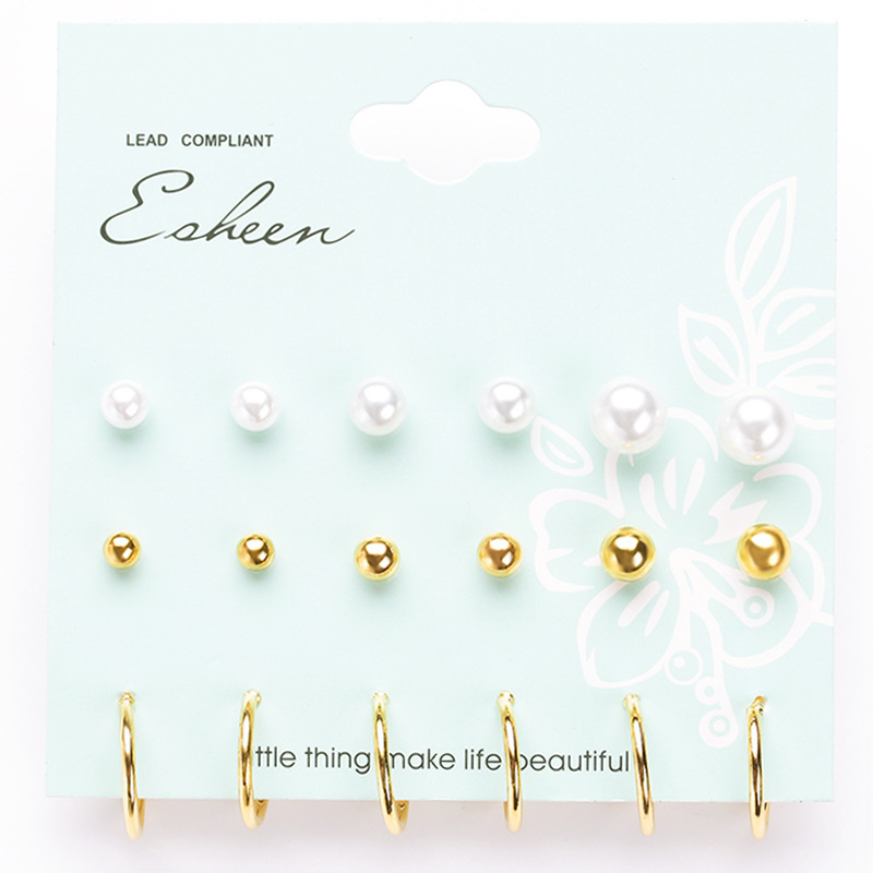 Wholesale of new large and small pearl round stud earrings, personalized U-shaped earrings, 9-pair set of earrings for European and American export Item Picture