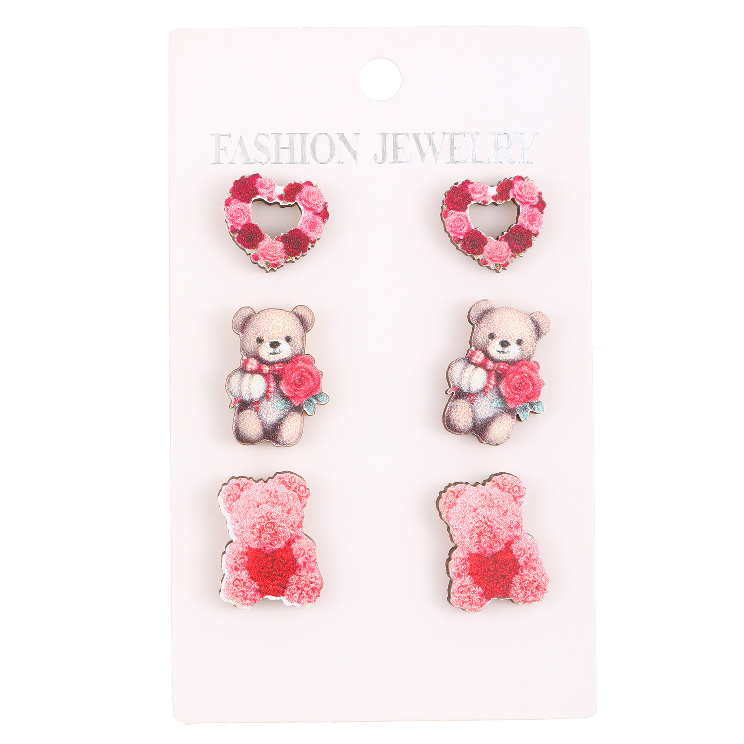 European and American creative and cute acrylic Valentine's Day earrings, a set of female heart-shaped bear, rose, rabbit and wooden stud earrings Item Picture
