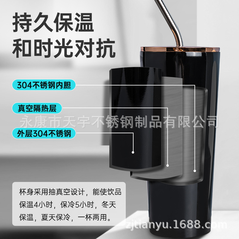 Double-layer high-appearure-level straw cup, large-capacity 304 stainless steel insulated cup, couple coffee travel cup, water cup details Picture