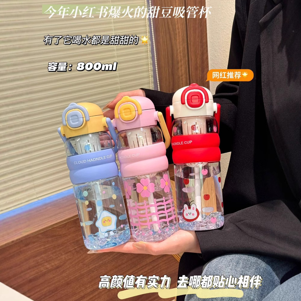 Plastic water cup for girls, high appearance level, large capacity, double drinking ice cup for students and children, summer outdoor cartoon straw cup details Picture
