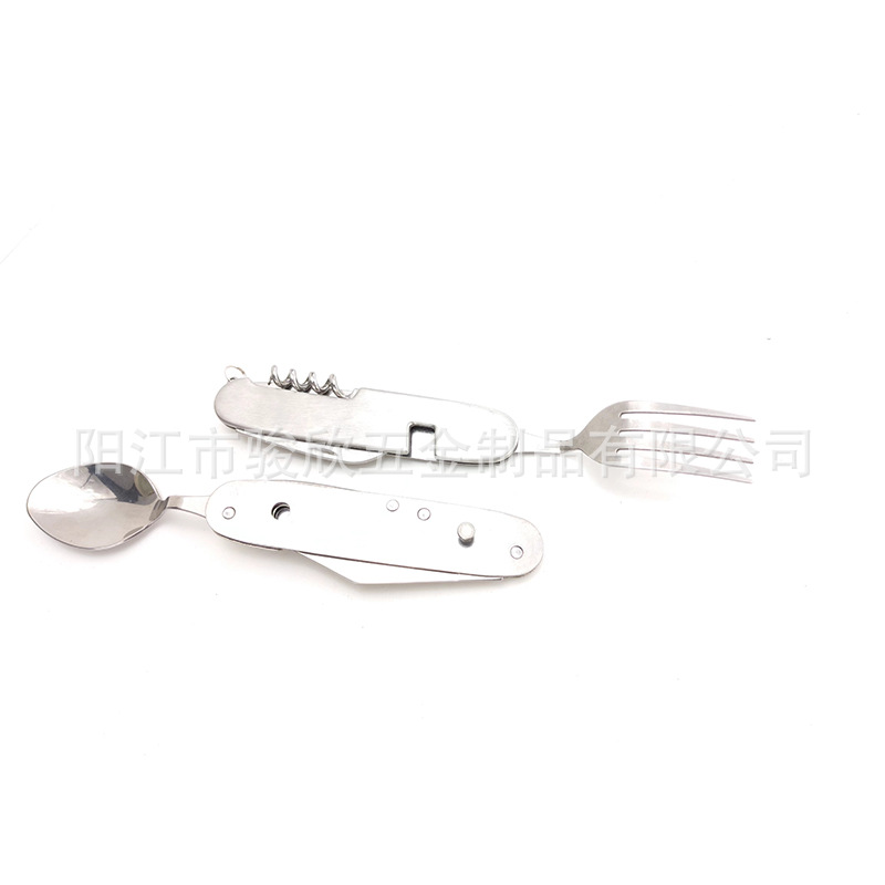 Four-in-one camping tableware, folding knife, fork and spoon set, stainless steel tableware, portable disassemblable tableware, foldable Application Scenario