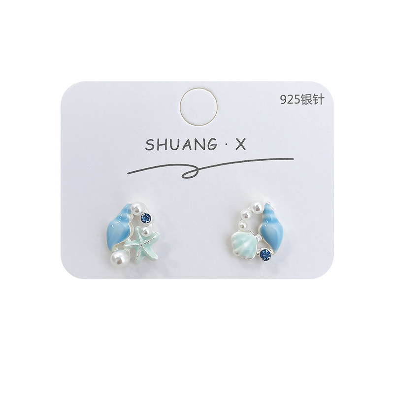 Blue ocean shell starfish stud women's silver needle vacation style summer new niche design exquisite earrings Item Picture