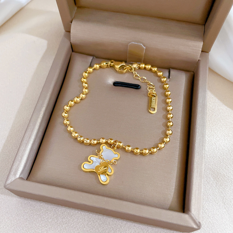 【 All-titanium Steel 】 Elegant heart-shaped little bear Mother-of-pearl lucky minimalist chain bracelet Female Internet celebrity retro best friend Specification drawing