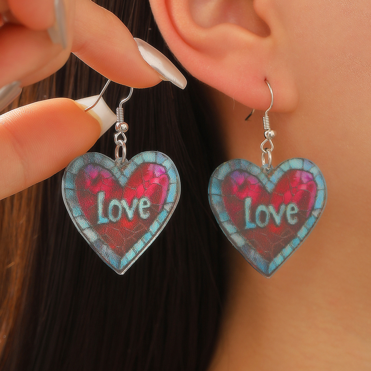 European and American creative and cute acrylic Valentine's Day earrings, a set of female heart-shaped bear, rose, rabbit and wooden stud earrings Specification drawing