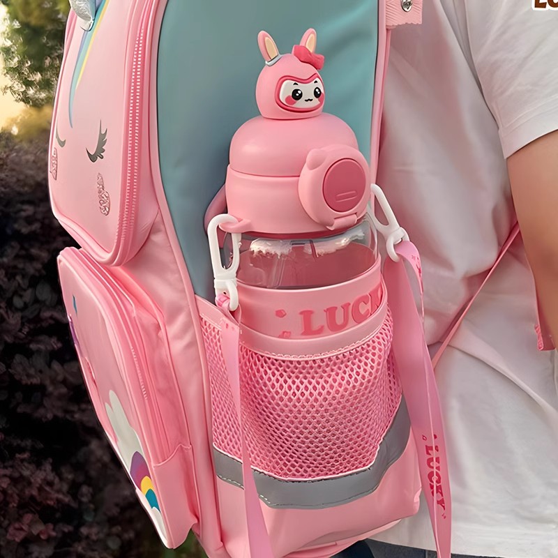 New children's water cups for boys and girls, food-grade, cute and portable, crossbody straw cups for primary school students, summer water bottles Specification drawing