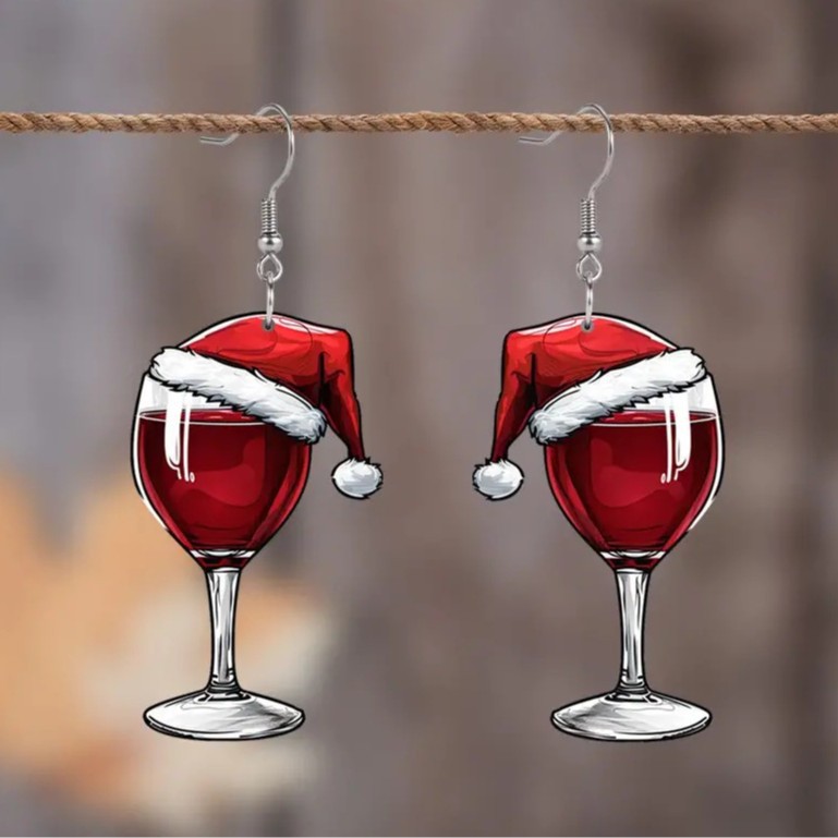 European and American cross-border Christmas wine glass pendant earrings, female cartoon acrylic red Christmas hat earrings, Christmas earrings full figure