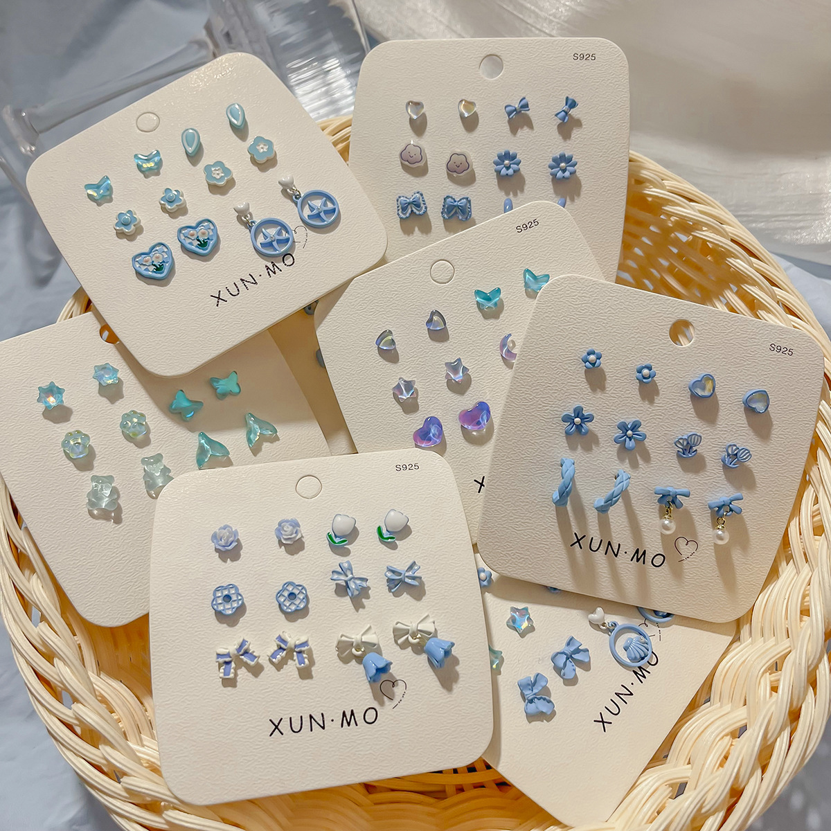 Summer fresh blue stud earring set for whitening, versatile silver needle earrings, 2024 new niche earrings for women wholesale full figure