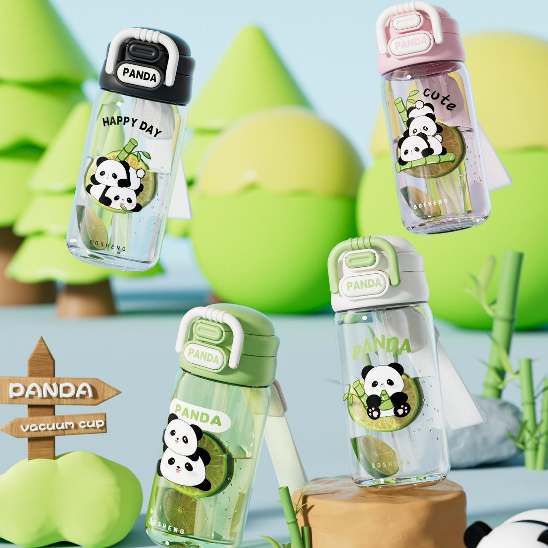Xingxian large and small plastic cups, Panda style double-drinking cups, come with a cartoon portable lock on the cup body, children's drinking cups full figure