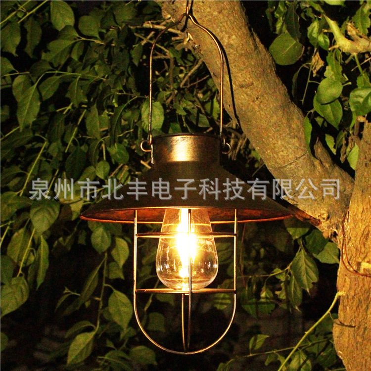 Solar LED lights, ironwork wall-hung lanterns, large round plate hanging lights, garden terrace outdoor decorations, retro shepherd hooks details Picture