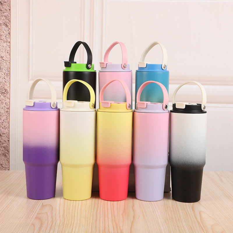 Cross-border 30oz car cup, large-capacity double-drinking straw cup, portable gradient hand-held car cup, outdoor sports water cup full figure