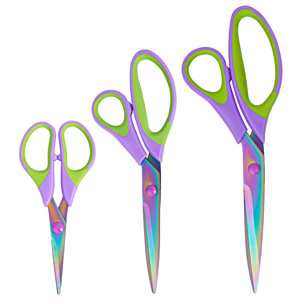 Cross-border bestseller three-piece set: color titanium scissors, stainless steel office stationery scissors, home tailor scissors, hand scissors, craft scissors Item Picture