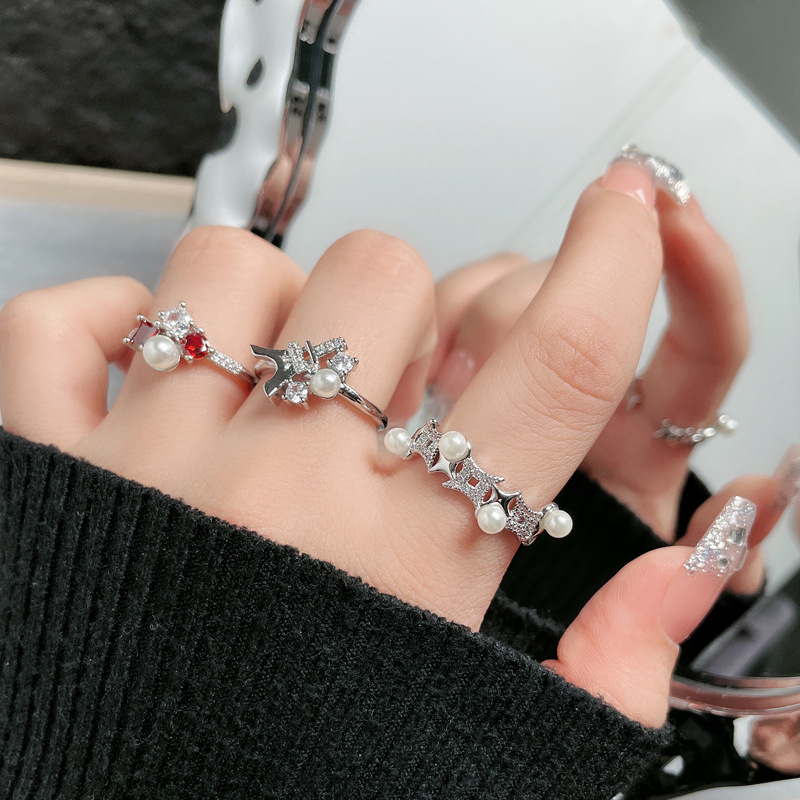 French sweet and cool pearl geometric micro-set open ring, women's Instagram cold style, niche design sense, light luxury index ring Specification drawing