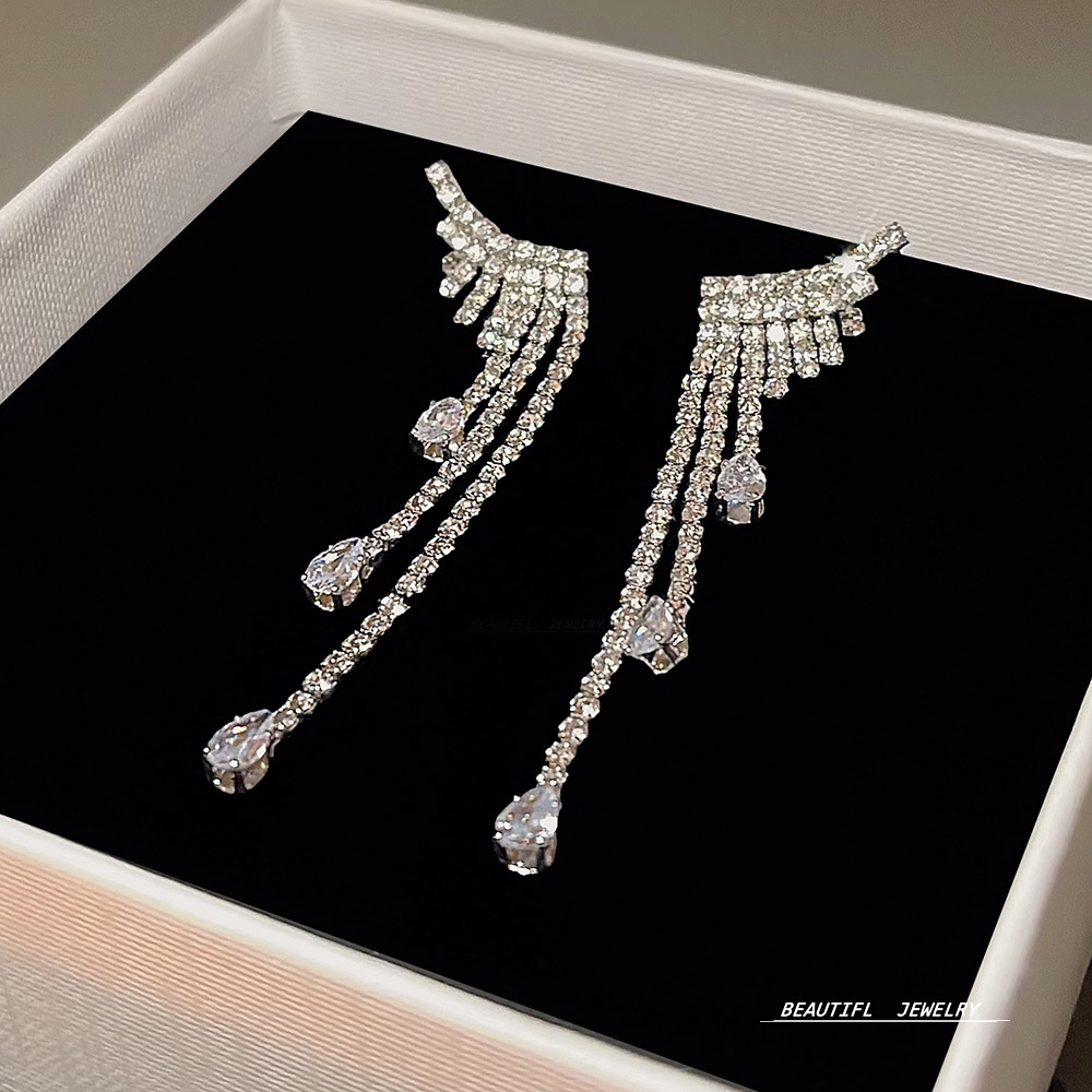 925 Silver Needle long and elegant, slimming face earrings, high-end look, popular zircon earrings, grand earrings, autumn and winter accessories details Picture