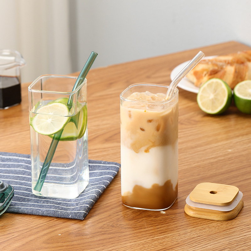 High-appearance-level covered straw heat-resistant glass cup, ins style high borosilicate milk coffee juice cup, square-mouthed glass cup Specification drawing