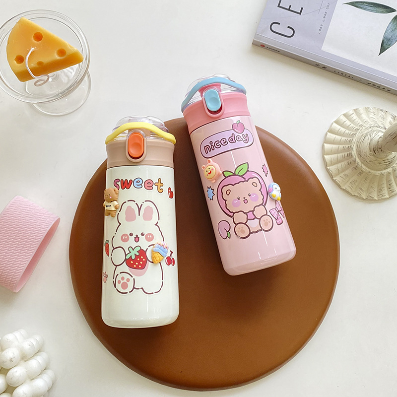 Hot-selling portable thermos cup with cartoon pattern direct drinking straw, a must-have for both boys and girls in outdoor office work, customizable details Picture