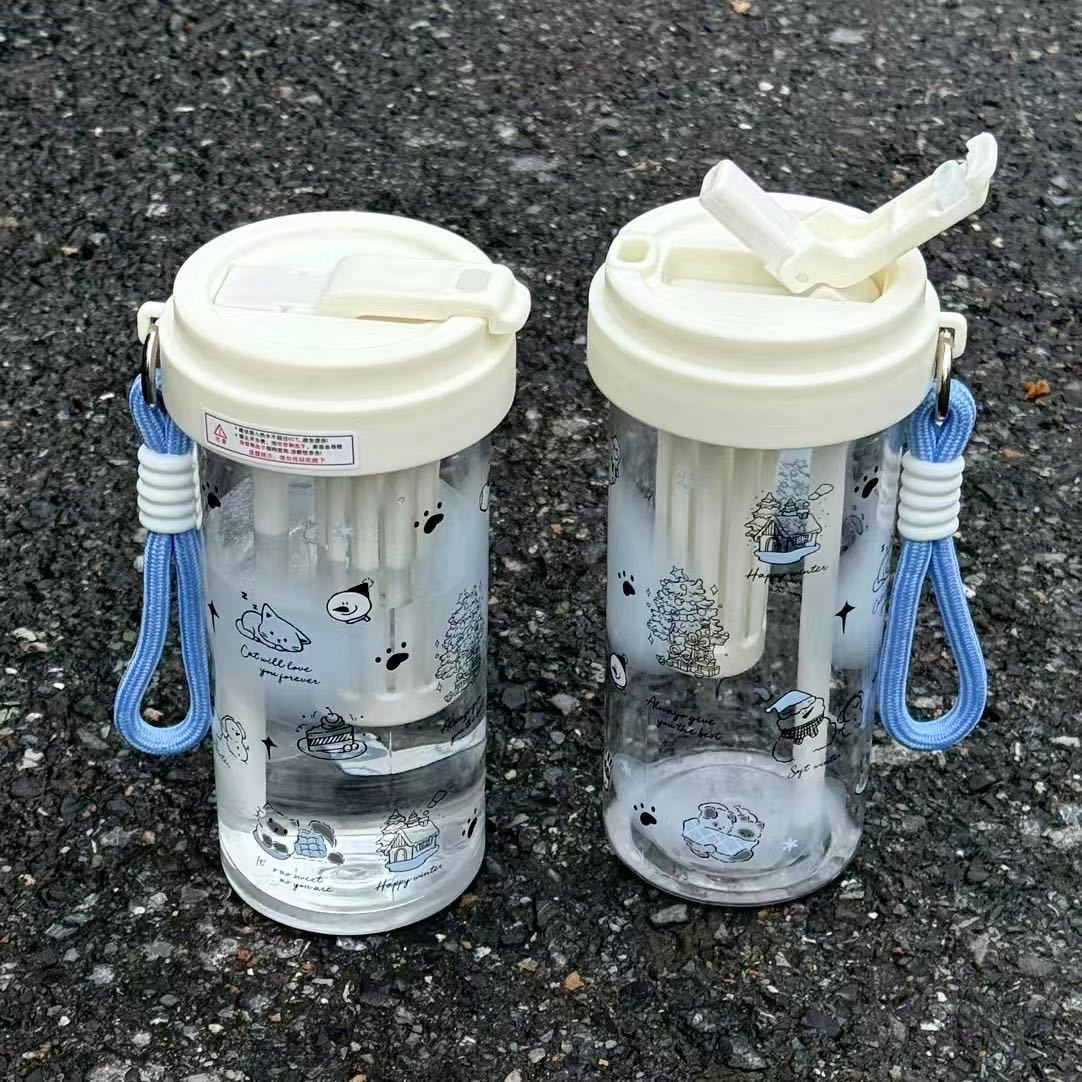 Simple tea cups, student-style plastic coffee cups, cute double-drinking straw cups for girls, high appearance level, portable fruit tea cups Specification drawing