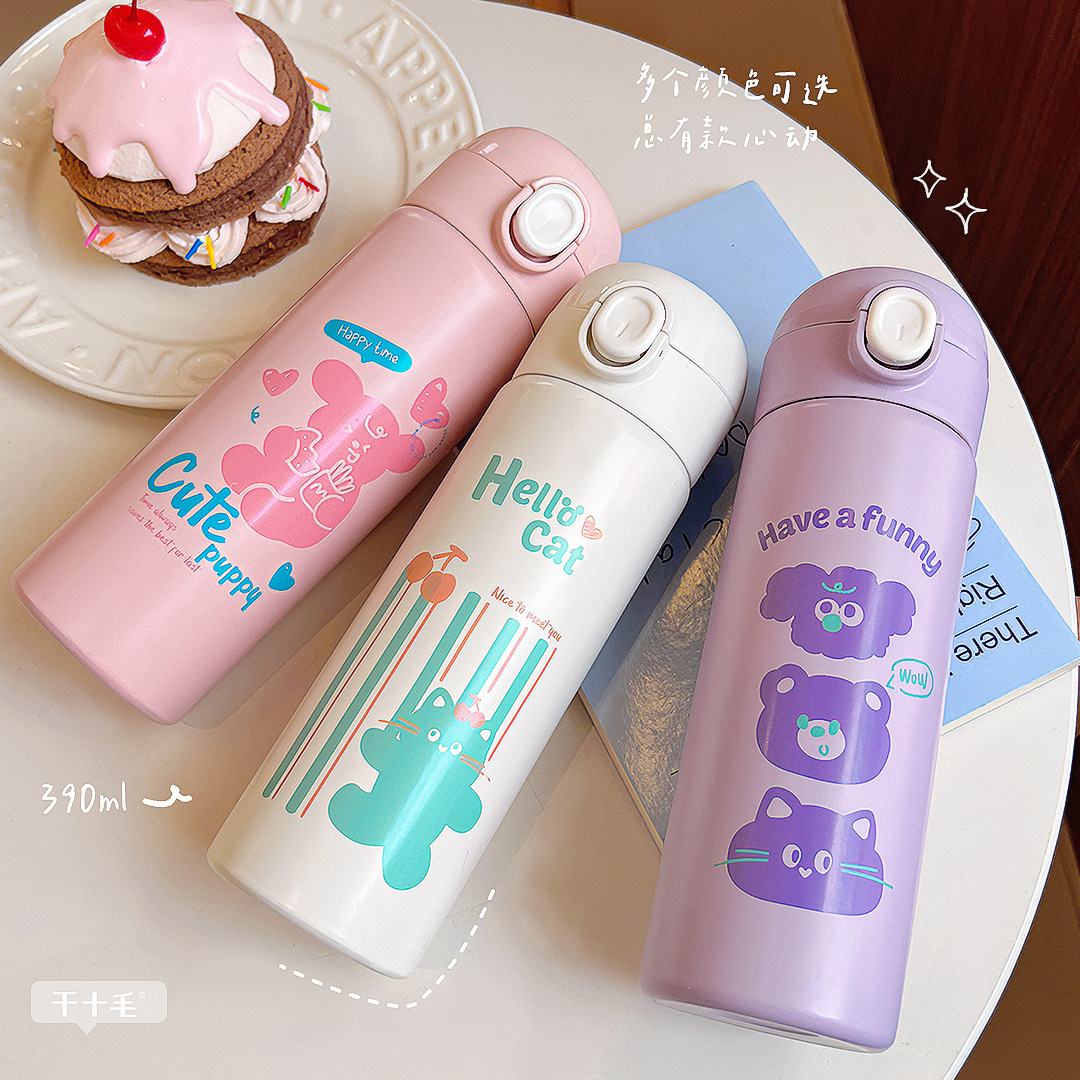 New cartoon pop-up lid insulated cup for direct drinking, high appearance level student water cup, portable for girls, couple stainless steel cup full figure