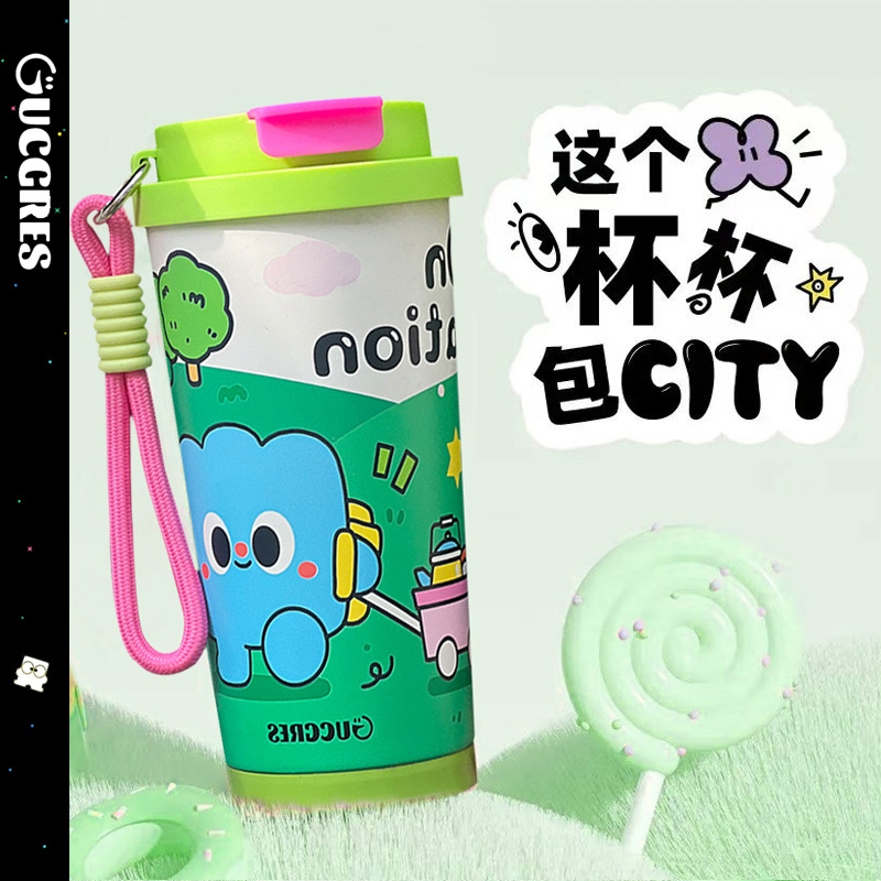 New cartoon dopamine graffiti double-drinking coffee cup, cold insulation stainless steel insulated cup, high appearance level portable straw cup full figure