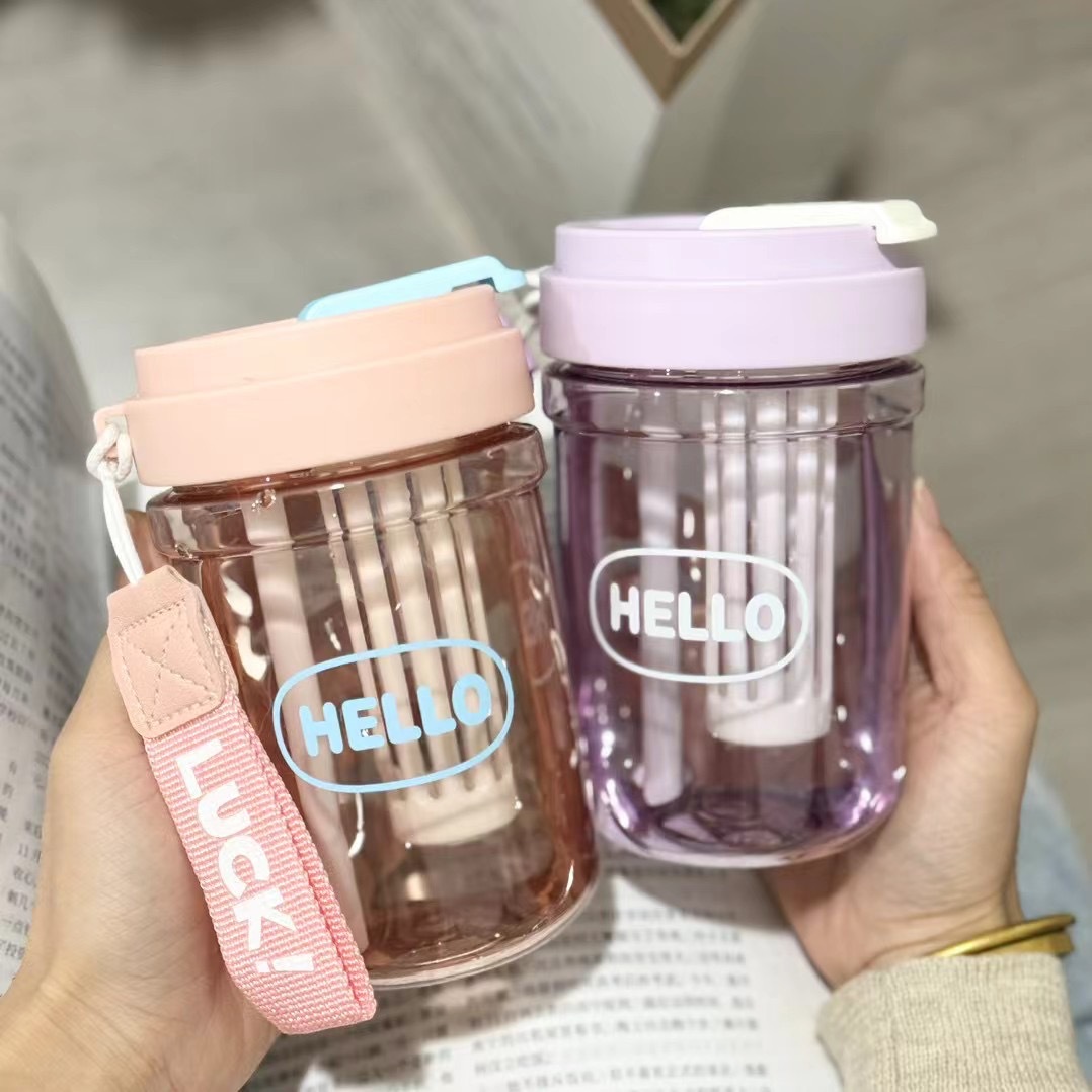 New minimalist straw, high-temperature resistant plastic cup, high appearance level portable double drinking cup for girls, large-capacity cup for summer details Picture