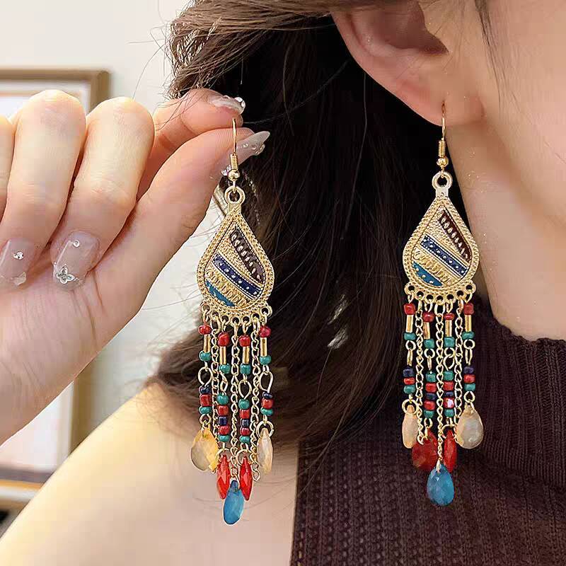 Bohemian-style long tassel earrings, women's high-end retro exotic ear hooks, 2025 new ethnic style earrings details Picture