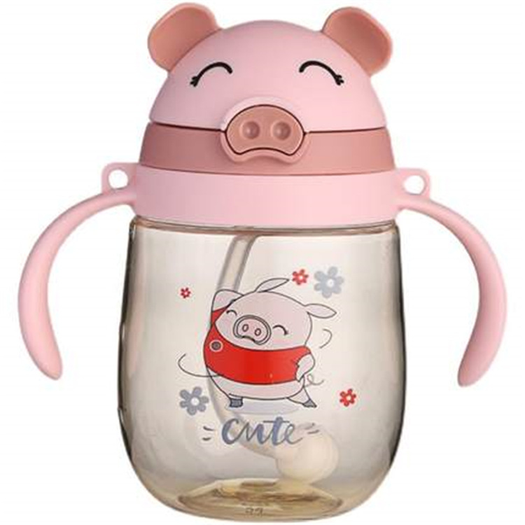 Yinqian Little Pig Children's water Bottle, kindergarten Shoulder strap, Double handle, dual-purpose straw cup, creative cartoon, unbreakable Item Picture