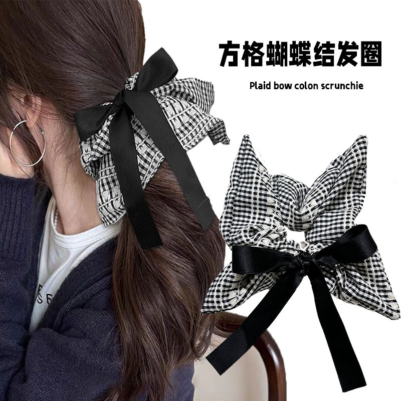 Large bow, checkered square scarf, hair tie, large intestine circle, Korean-style square low ponytail hair tie, hair tie, hair band full figure