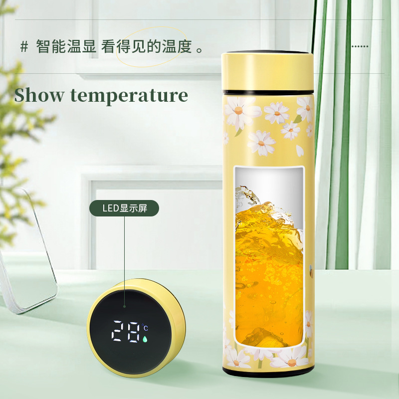 Artistic and fresh air 304 stainless steel smart insulated cup, double-layer vacuum straight cup, touch LED display temperature cup Specification drawing