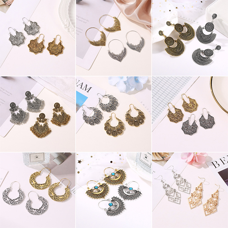 Cross-border best-selling ethnic-style earrings: Bohemian hollowed-out carved earrings, fashionable geometric alloy retro earrings full figure