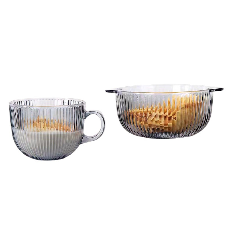 Household lead-free Nordic grey glass salad double-eared bowl, milk cup, rice fruit soup bowl and plate, microwave heat-resistant Item Picture