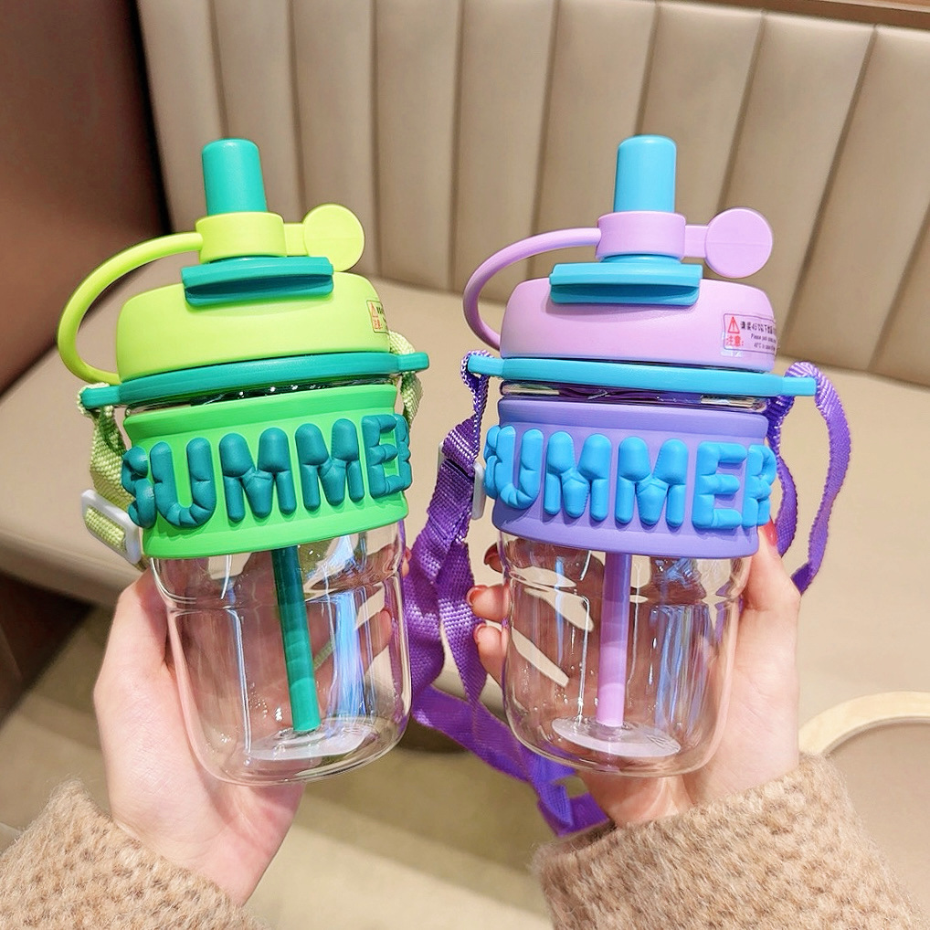 High appearance level, fashionable double drinking cup, trendy student straw plastic cup, portable outdoor slanted cross boys' coffee cup Specification drawing