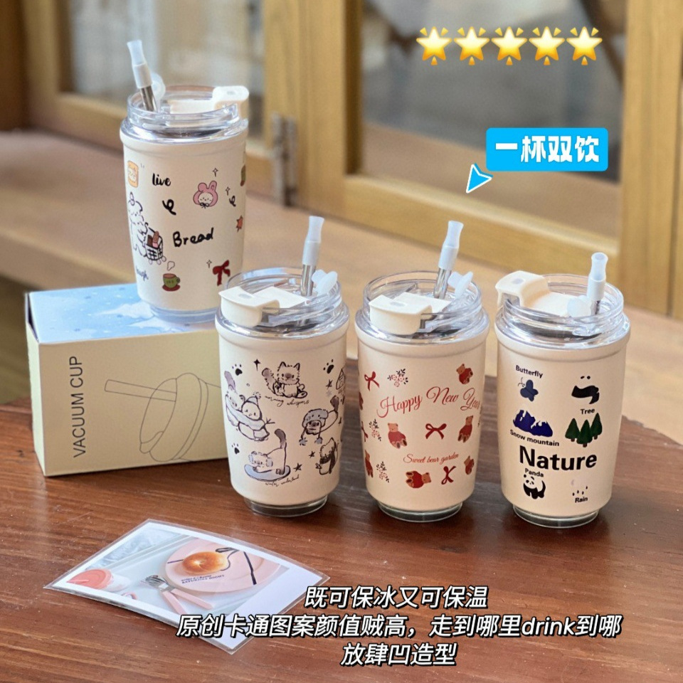 Cute hand-painted winter cat stainless steel insulated cup, cute cartoon high appearance level straw, portable straw water cup full figure
