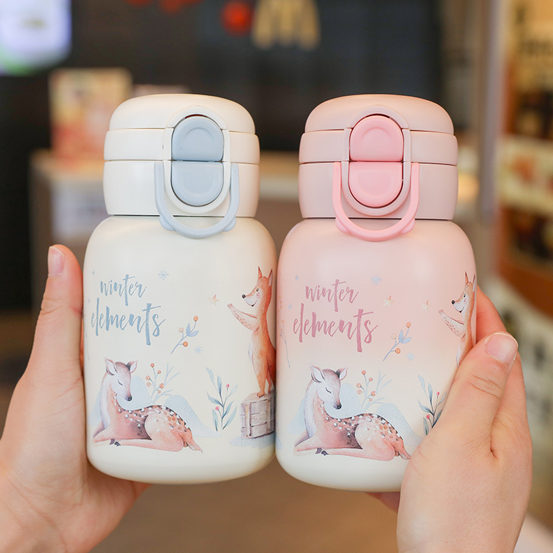 Mini children's insulated water cup, light luxury and high-end straw cup, sports outdoor anti-drop double-lid double-drinking cartoon cup details Picture
